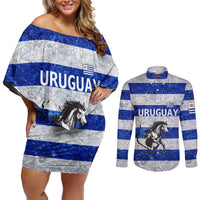 Uruguay Couples Matching Off Shoulder Short Dress and Long Sleeve Button Shirt with Wild Horse Illustration Blue Gray Striped - Wonder Print Shop