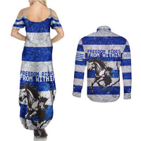 Uruguay Couples Matching Summer Maxi Dress and Long Sleeve Button Shirt with Wild Horse Illustration Blue Gray Striped - Wonder Print Shop