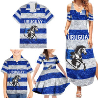 Uruguay Family Matching Summer Maxi Dress and Hawaiian Shirt with Wild Horse Illustration Blue Gray Striped - Wonder Print Shop