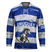 Uruguay Hockey Jersey with Wild Horse Illustration Blue Gray Striped - Wonder Print Shop