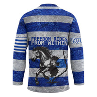Uruguay Hockey Jersey with Wild Horse Illustration Blue Gray Striped - Wonder Print Shop