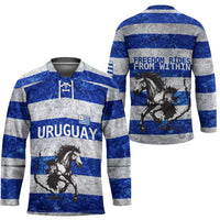 Uruguay Hockey Jersey with Wild Horse Illustration Blue Gray Striped - Wonder Print Shop