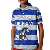 Uruguay Kid Polo Shirt with Wild Horse Illustration Blue Gray Striped - Wonder Print Shop