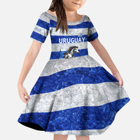 Uruguay Kid Short Sleeve Dress with Wild Horse Illustration Blue Gray Striped - Wonder Print Shop