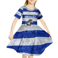 Uruguay Kid Short Sleeve Dress with Wild Horse Illustration Blue Gray Striped - Wonder Print Shop