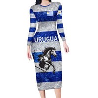 Uruguay Long Sleeve Bodycon Dress with Wild Horse Illustration Blue Gray Striped - Wonder Print Shop