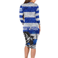 Uruguay Long Sleeve Bodycon Dress with Wild Horse Illustration Blue Gray Striped - Wonder Print Shop