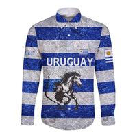 Uruguay Long Sleeve Button Shirt with Wild Horse Illustration Blue Gray Striped - Wonder Print Shop