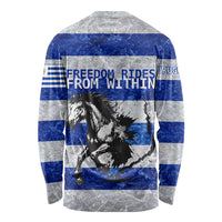 Uruguay Long Sleeve Shirt with Wild Horse Illustration Blue Gray Striped - Wonder Print Shop