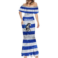 Uruguay Mermaid Dress with Wild Horse Illustration Blue Gray Striped - Wonder Print Shop