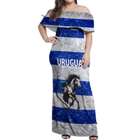 Uruguay Off Shoulder Maxi Dress with Wild Horse Illustration Blue Gray Striped - Wonder Print Shop