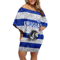 Uruguay Off Shoulder Short Dress with Wild Horse Illustration Blue Gray Striped - Wonder Print Shop
