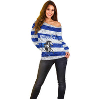 Uruguay Off Shoulder Sweater with Wild Horse Illustration Blue Gray Striped - Wonder Print Shop