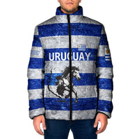 Uruguay Padded Jacket with Wild Horse Illustration Blue Gray Striped - Wonder Print Shop