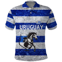 Uruguay Polo Shirt with Wild Horse Illustration Blue Gray Striped - Wonder Print Shop