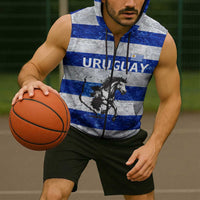 Uruguay Sleeveless Zip Hoodie with Wild Horse Illustration Blue Gray Striped - Wonder Print Shop