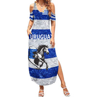 Uruguay Summer Maxi Dress with Wild Horse Illustration Blue Gray Striped - Wonder Print Shop