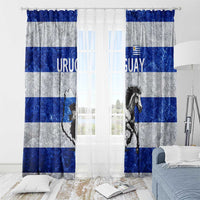 Uruguay Window Curtain with Wild Horse Illustration Blue Gray Striped - Wonder Print Shop
