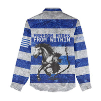 Uruguay Women Casual Shirt with Wild Horse Illustration Blue Gray Striped - Wonder Print Shop