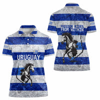 Uruguay Women Polo Shirt with Wild Horse Illustration Blue Gray Striped - Wonder Print Shop