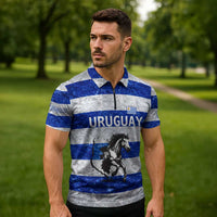 Uruguay Zipper Polo Shirt with Wild Horse Illustration Blue Gray Striped - Wonder Print Shop
