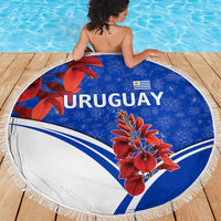 Uruguay Beach Blanket with Erythrina Flower Illustration Blue White Nature - Wonder Print Shop