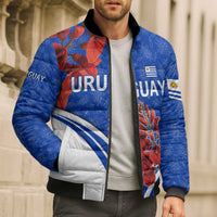 Uruguay Bomber Puffer Jacket with Erythrina Flower Illustration Blue White Nature - Wonder Print Shop