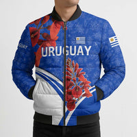 Uruguay Bomber Puffer Jacket with Erythrina Flower Illustration Blue White Nature - Wonder Print Shop
