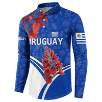 Uruguay Button Sweatshirt with Erythrina Flower Illustration Blue White Nature - Wonder Print Shop
