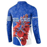 Uruguay Button Sweatshirt with Erythrina Flower Illustration Blue White Nature - Wonder Print Shop