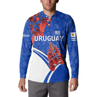 Uruguay Button Sweatshirt with Erythrina Flower Illustration Blue White Nature - Wonder Print Shop