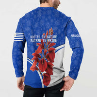 Uruguay Button Sweatshirt with Erythrina Flower Illustration Blue White Nature - Wonder Print Shop