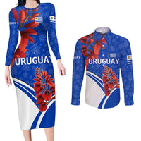 Uruguay Couples Matching Long Sleeve Bodycon Dress and Long Sleeve Button Shirt with Erythrina Flower Illustration Blue White Nature - Wonder Print Shop