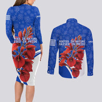 Uruguay Couples Matching Long Sleeve Bodycon Dress and Long Sleeve Button Shirt with Erythrina Flower Illustration Blue White Nature - Wonder Print Shop