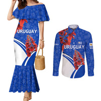 Uruguay Couples Matching Mermaid Dress and Long Sleeve Button Shirt with Erythrina Flower Illustration Blue White Nature - Wonder Print Shop