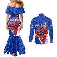Uruguay Couples Matching Mermaid Dress and Long Sleeve Button Shirt with Erythrina Flower Illustration Blue White Nature - Wonder Print Shop