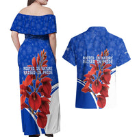 Uruguay Couples Matching Off Shoulder Maxi Dress and Hawaiian Shirt with Erythrina Flower Illustration Blue White Nature - Wonder Print Shop