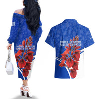 Uruguay Couples Matching Off The Shoulder Long Sleeve Dress and Hawaiian Shirt with Erythrina Flower Illustration Blue White Nature - Wonder Print Shop