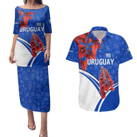 Uruguay Couples Matching Puletasi and Hawaiian Shirt with Erythrina Flower Illustration Blue White Nature - Wonder Print Shop