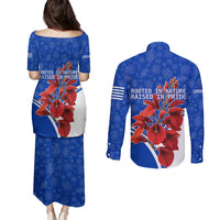 Uruguay Couples Matching Puletasi and Long Sleeve Button Shirt with Erythrina Flower Illustration Blue White Nature - Wonder Print Shop