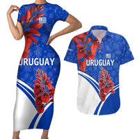Uruguay Couples Matching Short Sleeve Bodycon Dress and Hawaiian Shirt with Erythrina Flower Illustration Blue White Nature - Wonder Print Shop