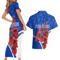 Uruguay Couples Matching Short Sleeve Bodycon Dress and Hawaiian Shirt with Erythrina Flower Illustration Blue White Nature - Wonder Print Shop