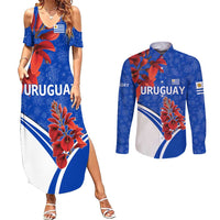 Uruguay Couples Matching Summer Maxi Dress and Long Sleeve Button Shirt with Erythrina Flower Illustration Blue White Nature - Wonder Print Shop