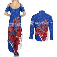 Uruguay Couples Matching Summer Maxi Dress and Long Sleeve Button Shirt with Erythrina Flower Illustration Blue White Nature - Wonder Print Shop