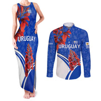 Uruguay Couples Matching Tank Maxi Dress and Long Sleeve Button Shirt with Erythrina Flower Illustration Blue White Nature - Wonder Print Shop