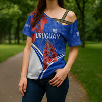 Uruguay Cross Shoulder Shirt with Erythrina Flower Illustration Blue White Nature - Wonder Print Shop