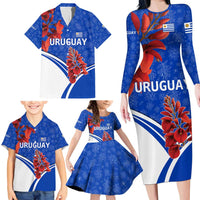 Uruguay Family Matching Long Sleeve Bodycon Dress and Hawaiian Shirt with Erythrina Flower Illustration Blue White Nature - Wonder Print Shop