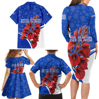 Uruguay Family Matching Long Sleeve Bodycon Dress and Hawaiian Shirt with Erythrina Flower Illustration Blue White Nature - Wonder Print Shop
