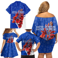 Uruguay Family Matching Off Shoulder Short Dress and Hawaiian Shirt with Erythrina Flower Illustration Blue White Nature - Wonder Print Shop