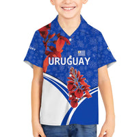 Uruguay Family Matching Off Shoulder Short Dress and Hawaiian Shirt with Erythrina Flower Illustration Blue White Nature - Wonder Print Shop